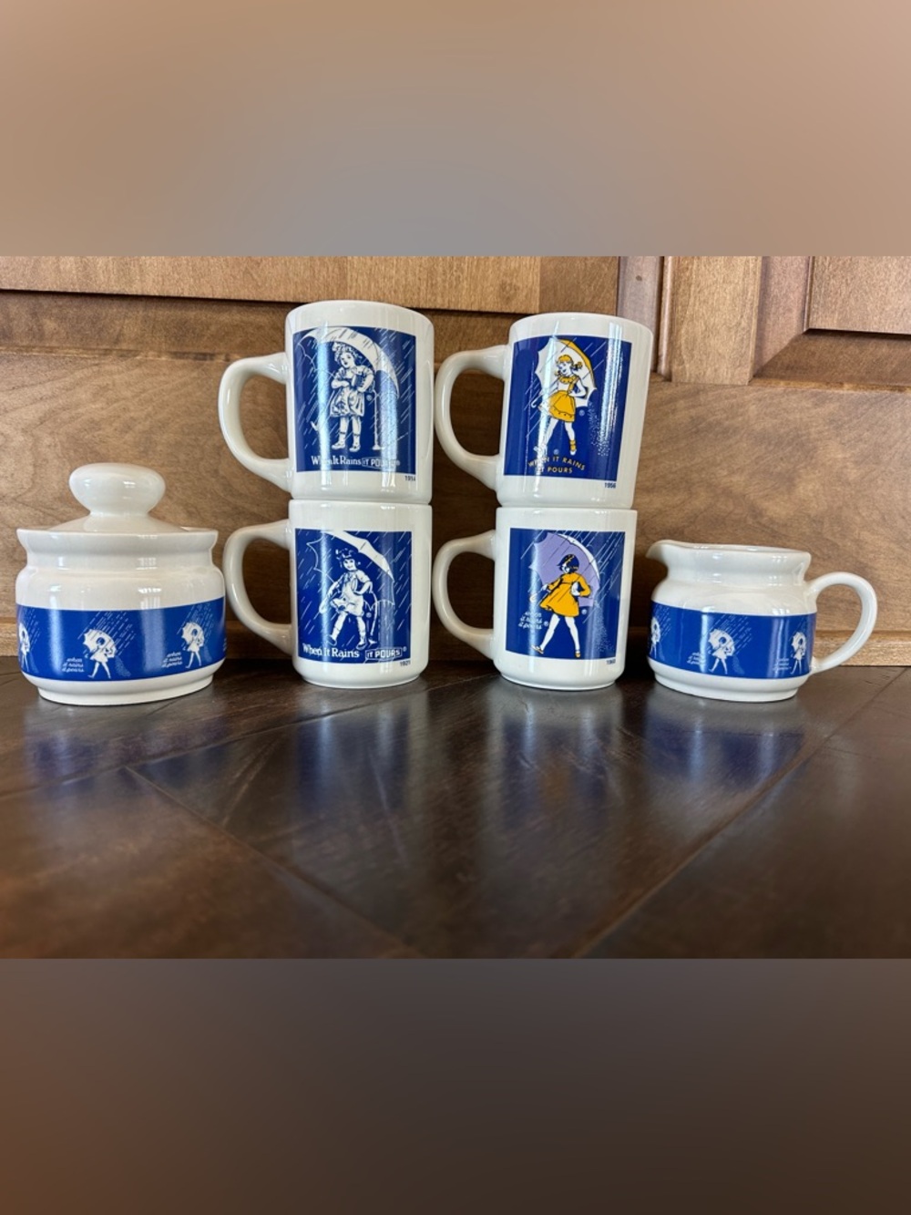 Vintage Morton Salt Coffee Mugs with cream and sugar bowls